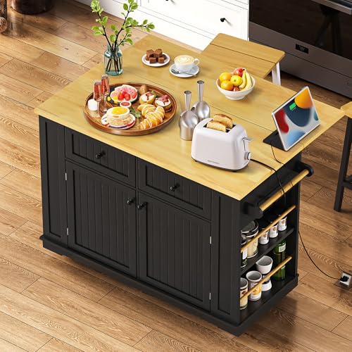 Rolling Kitchen Island Cart with Drop Leaf, Power Outlet, and 5 Open Shelves L877625