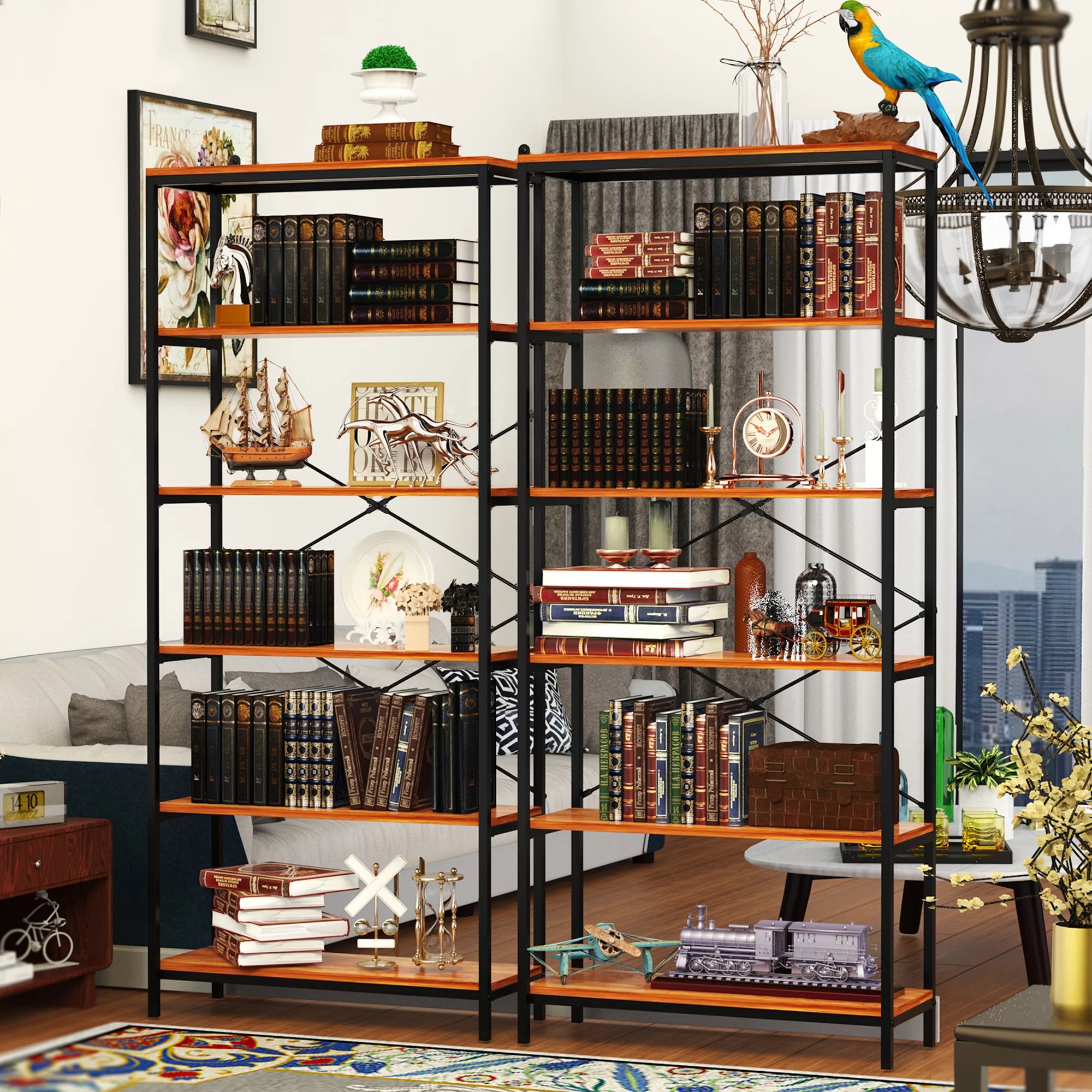 5-Tier Tall Bookcase, Rustic Wood and Metal Open Shelf Unit K172304