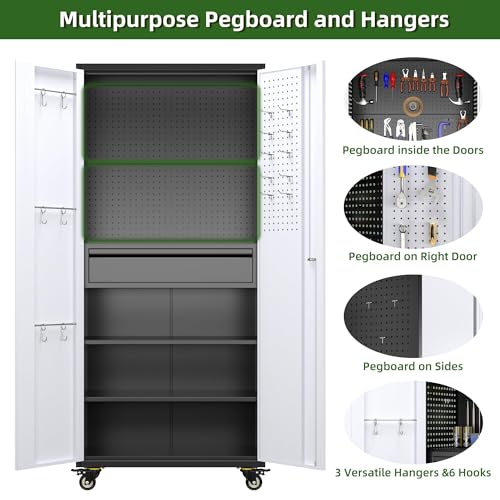 Garage Storage Cabinet with Wheels, 72" H, 2 Doors, 4 Adjustable Shelves, Black R4307