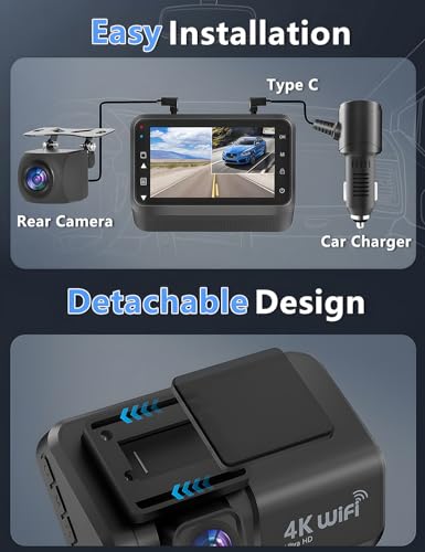 Dash Cam Front and Rear, 4K+1080P WiFi Dual Dash Cam with APP, 3" IPS, Night Vision, 24/7 Parking Monitor C45315
