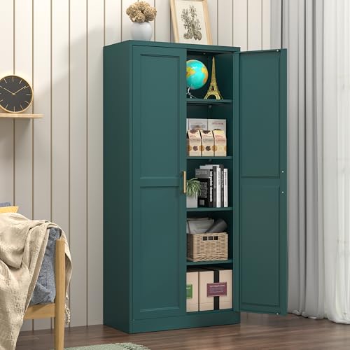 Tall Kitchen Storage Cabinet with Doors and Adjustable Shelves, Black Freestanding Cupboard J20442