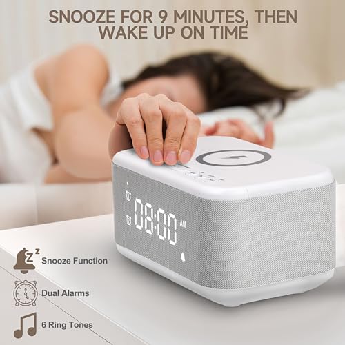 Wireless Charging Alarm Clock Speaker with Bluetooth, Dimmable Night Light K3994