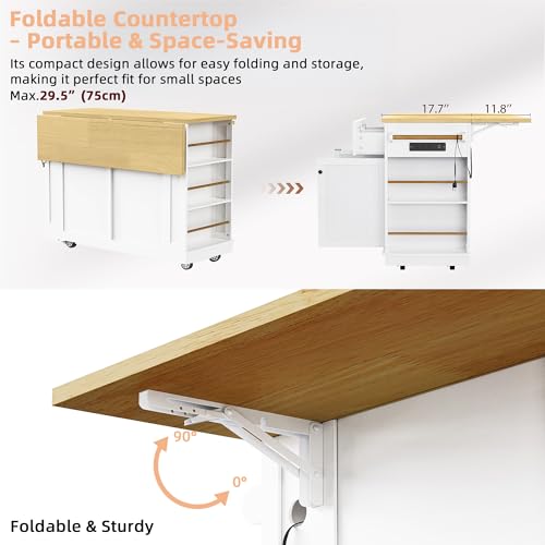 Rolling Kitchen Island Cart with Drop Leaf, Power Outlet, and 5 Open Shelves L877625
