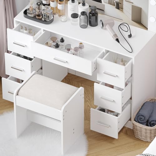 Vanity Desk with Stool, Lighted Mirror, 3 Color Lighting Modes, Dressing Table with Drawers U774924