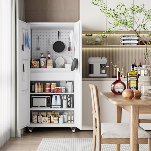 Metal Storage Cabinet with Wheels, 73" H, Locking Doors and Adjustable Shelves A1751