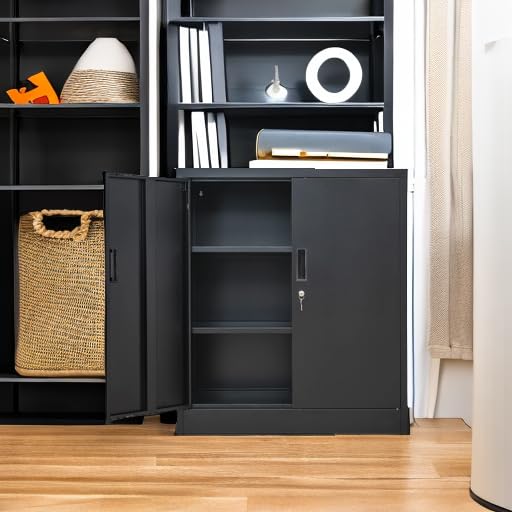 Locking Metal Storage Cabinet with Shelves and Doors, Black I112889