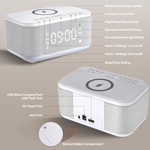 Wireless Charging Alarm Clock Speaker with Bluetooth, Dimmable Night Light K3994