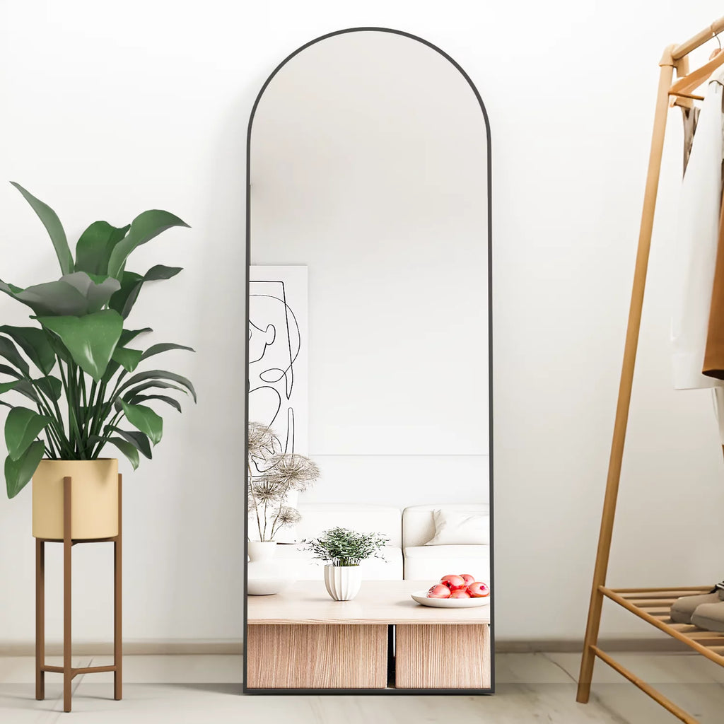 Arched Full Length Floor Mirror with Stand, 64" x 21", Black F95771