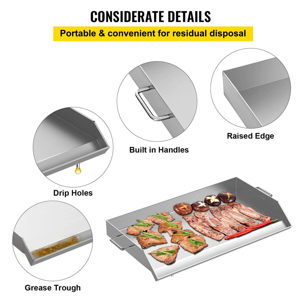 Stainless Steel Flat Top Griddle with Handles and Grease Groove V592