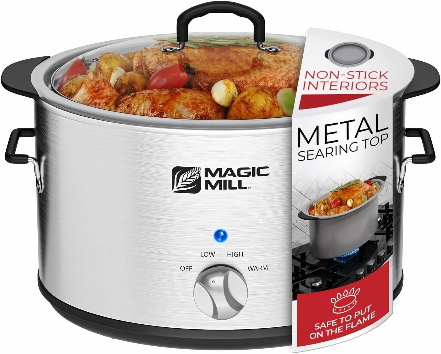 QCAI Slow Cooker 10 Quart | Extra Large Non-Stick Metal Searing Pot & Transparent Tempered Glass Lid Multipurpose Lightweight Slow Cookers, Pot is Safe to Put the On the Flame, Dishwasher Safe