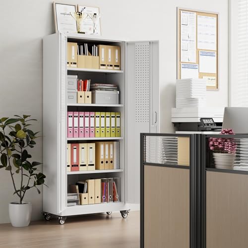 Metal Storage Cabinet with Wheels, 73" H, Locking Doors and Adjustable Shelves A1751