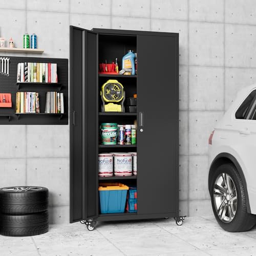 Metal Storage Cabinet with Wheels, 73" H, Locking Doors and Adjustable Shelves A1751