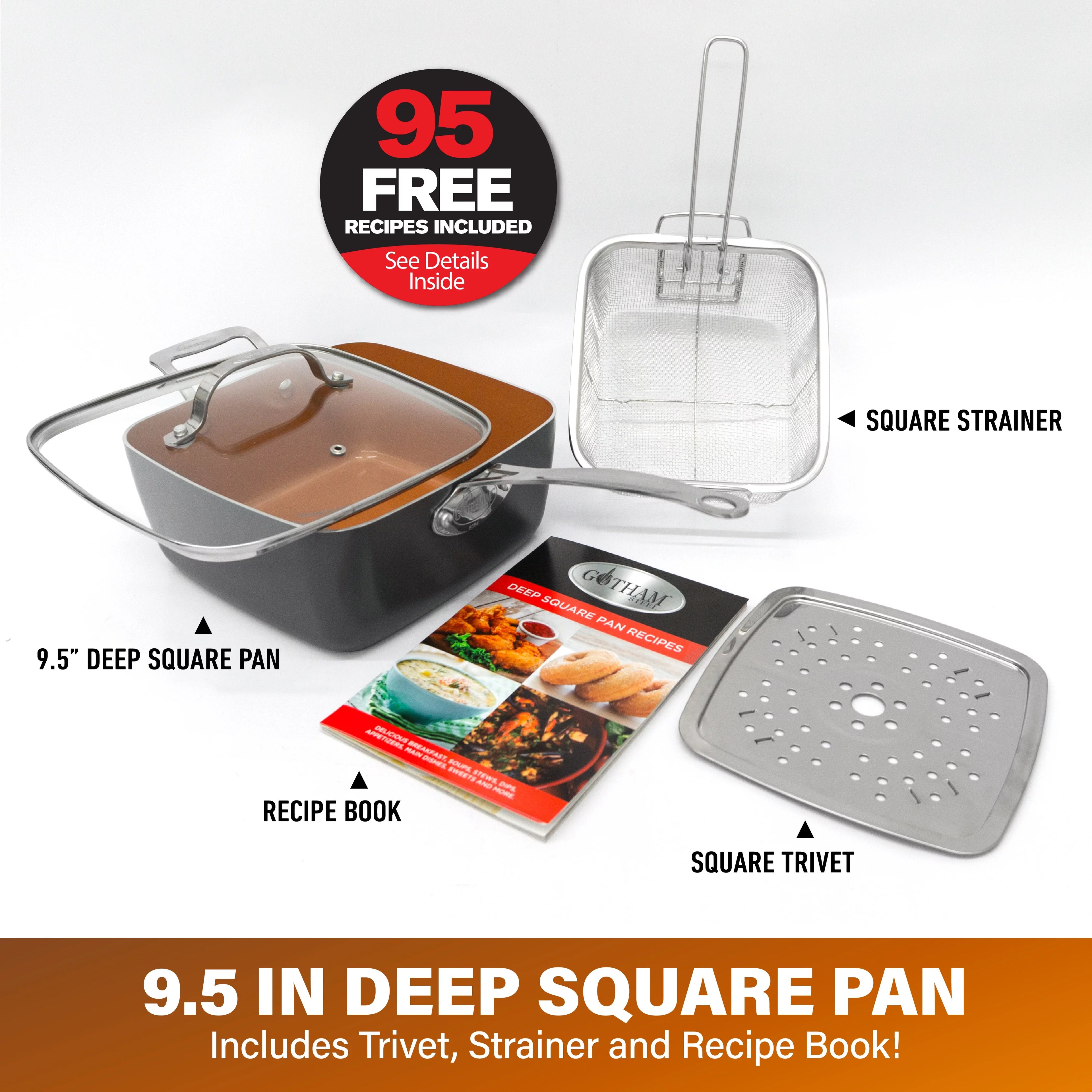 6 Qt Nonstick Copper Deep Square Casserole Pan & Stock Pot 4 Piece Set with Frying Basket and Steamer Tray I80644