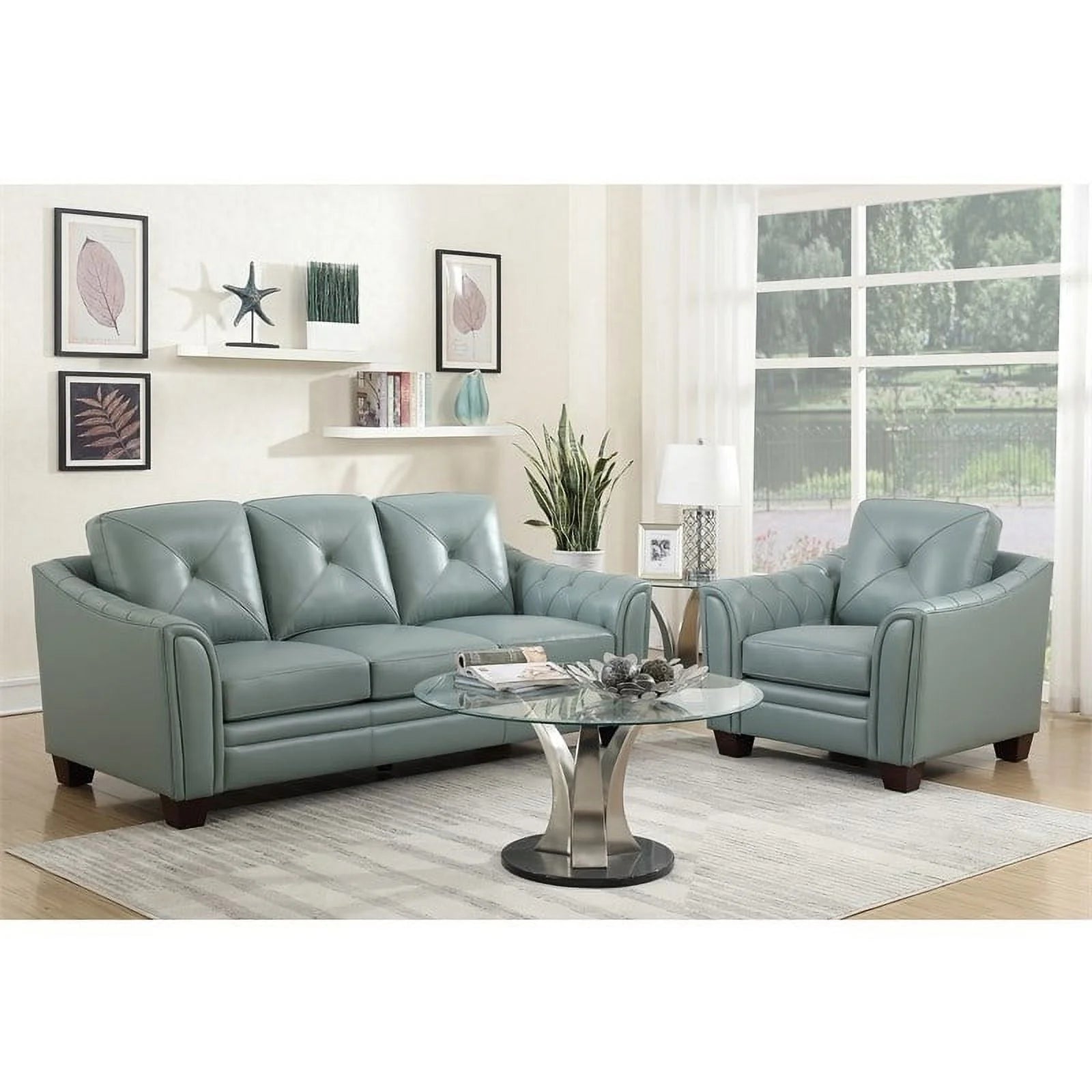 Spa Green Tufted Leather Sofa A958