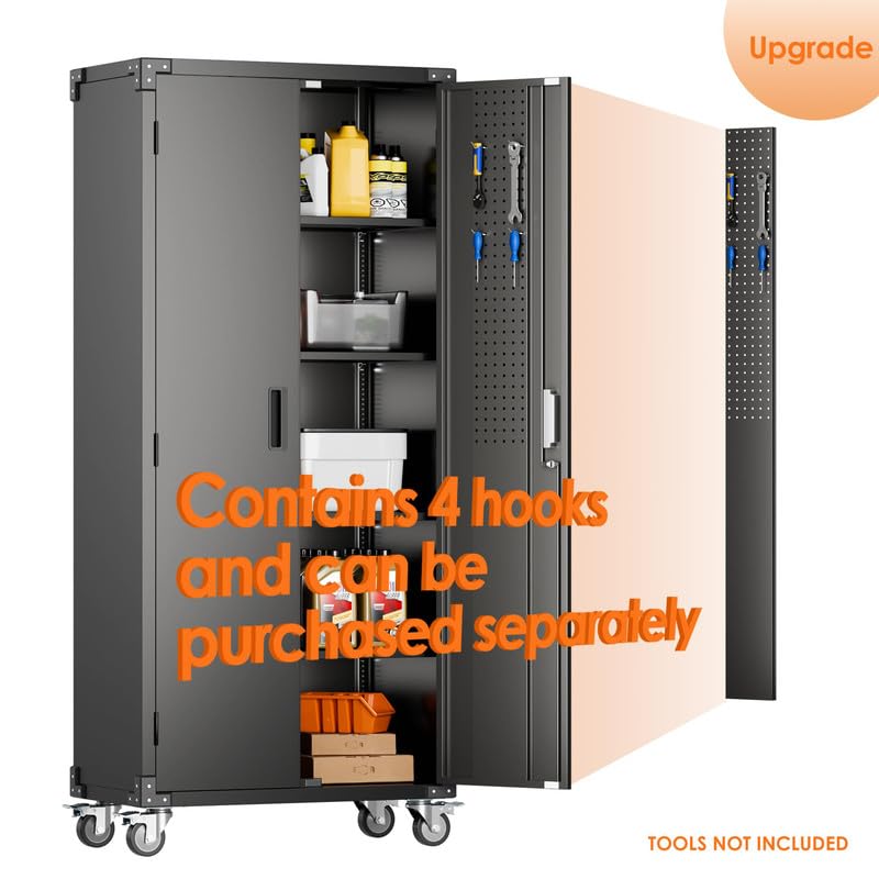 Garage Storage Cabinet with Wheels, 72" H, 2 Doors, 4 Adjustable Shelves, Black R4307