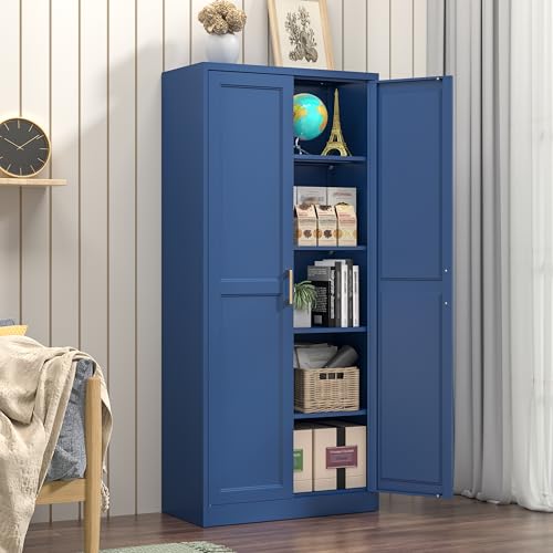 Tall Kitchen Storage Cabinet with Doors and Adjustable Shelves, Black Freestanding Cupboard J20442
