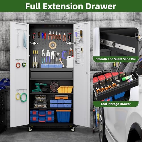 Garage Storage Cabinet with Wheels, 72" H, 2 Doors, 4 Adjustable Shelves, Black R4307