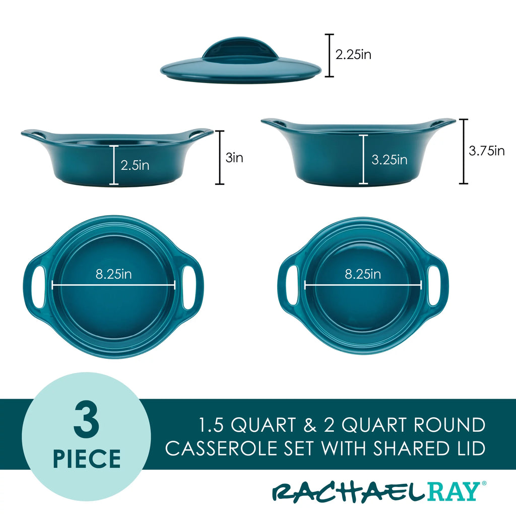 Ceramic Casserole Bakers with Lid Set, 3-Piece, Teal T761969