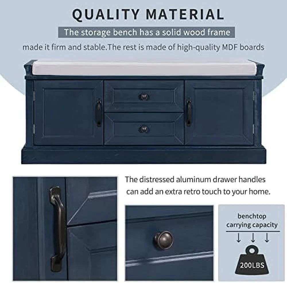 Solid Wood Shoe Bench with 3 Doors and Removable Cushion P521