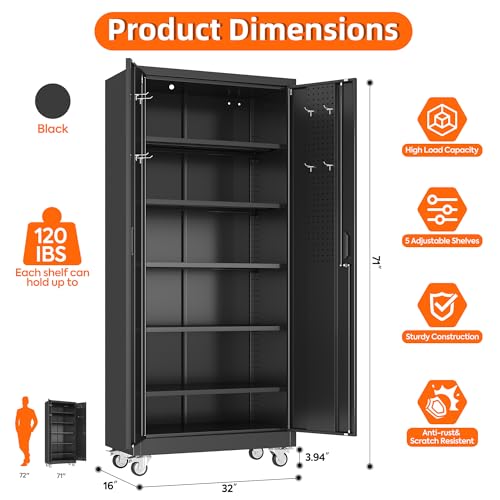 Metal Storage Cabinet with Wheels, 73" H, Locking Doors and Adjustable Shelves A1751
