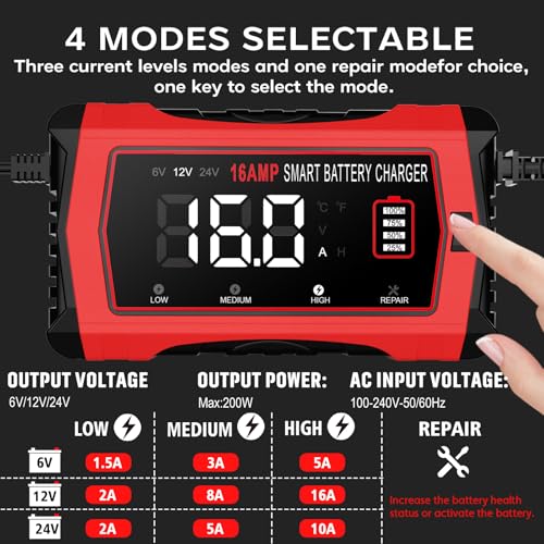 12V 24V 16-Amp Smart Battery Charger for Car Truck Boat Marine D264