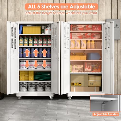 Metal Storage Cabinet with Wheels, 73" H, Locking Doors and Adjustable Shelves A1751