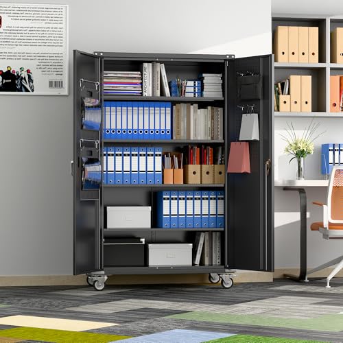 Metal Storage Cabinet with Wheels, 73" H, Locking Doors and Adjustable Shelves A1751