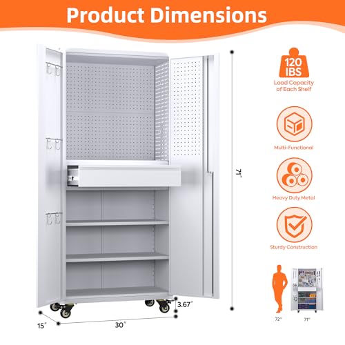 Metal Storage Cabinet with Wheels, 73" H, Locking Doors and Adjustable Shelves A1751