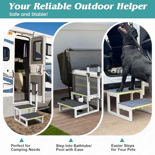 2 Step Stool with Handrail, Anti-Slip Mats, Portable for RV, Camper, Hot Tub R855