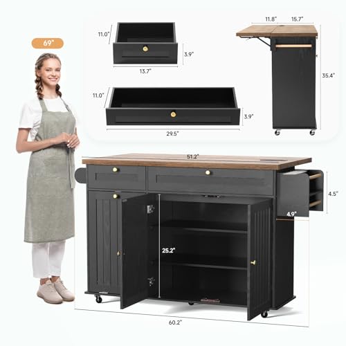 Kitchen Island with Power Outlet & Drop Leaf, Rolling Cart with Storage J137407