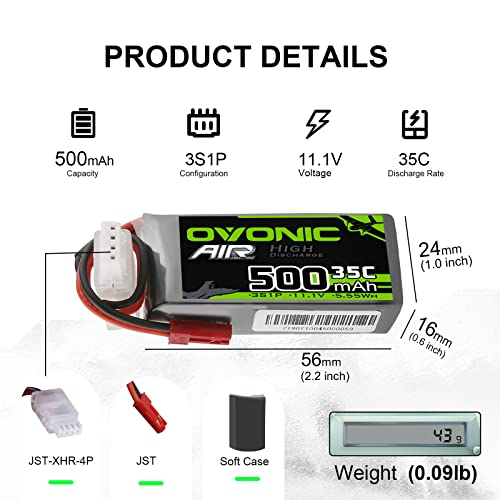3S Lipo Battery 500mAh 11.1V with JST Connector for RC Drone, 2 Pack G52118