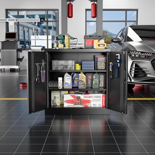 Garage Storage Cabinet with Wheels, 72" H, 2 Doors, 4 Adjustable Shelves, Black R4307