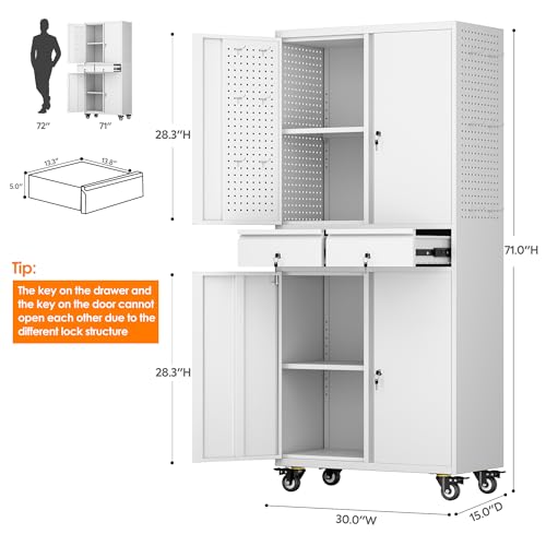 Metal Storage Cabinet with Wheels, 73" H, Locking Doors and Adjustable Shelves A1751