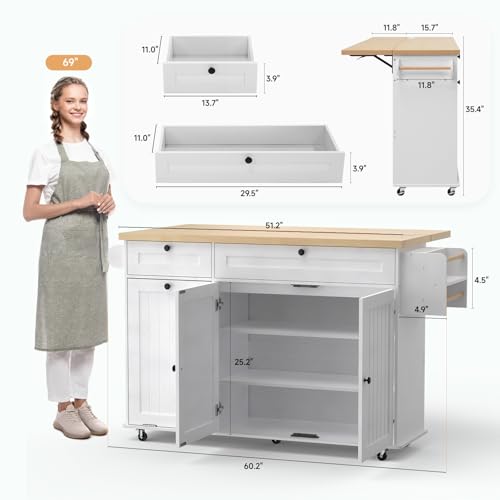 Kitchen Island with Power Outlet & Drop Leaf, Rolling Cart with Storage J137407