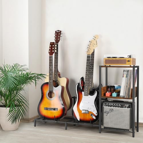 Guitar Rack, 3-Piece Floor Stand with Amp Support, Adjustable Holder for Multiple Instruments H140