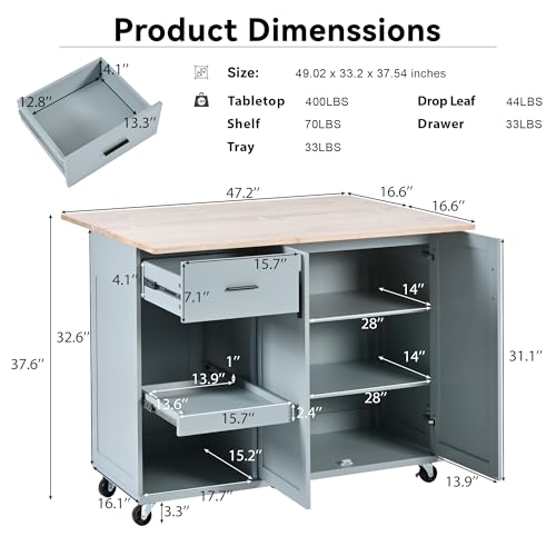 Large Kitchen Island with Drop Leaf, Rolling Cart, Power Outlet and Storage A3211