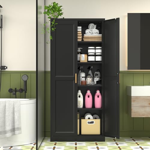 Tall Kitchen Storage Cabinet with Doors and Adjustable Shelves, Black Freestanding Cupboard J20442
