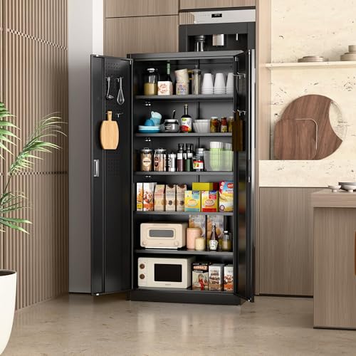 Garage Storage Cabinet with Wheels, 72" H, 2 Doors, 4 Adjustable Shelves, Black R4307