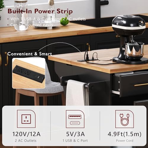 Farmhouse Kitchen Island with Drop Leaf, Barn Door and Power Outlet C3058