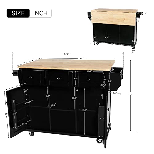 Large Kitchen Island with Drop Leaf, Rolling Cart, Power Outlet and Storage A3211