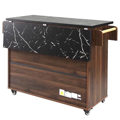 Farmhouse Kitchen Island with Drop Leaf, Barn Door and Power Outlet C3058