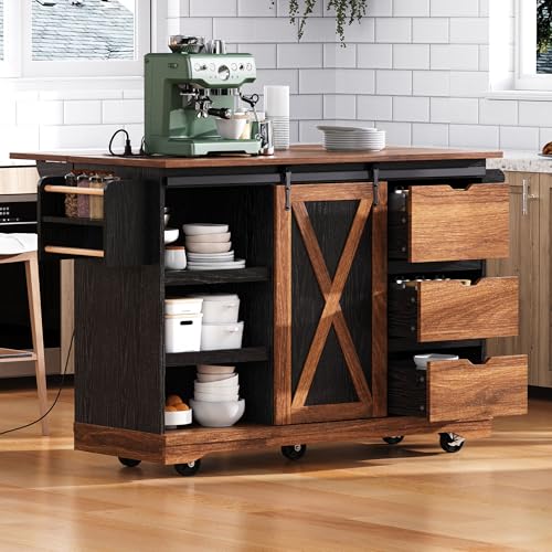 Farmhouse Kitchen Island with Drop Leaf, Barn Door and Power Outlet C3058