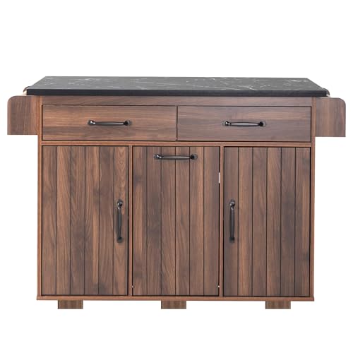 Farmhouse Kitchen Island with Drop Leaf, Barn Door and Power Outlet C3058