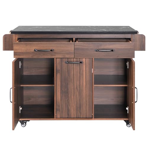 Farmhouse Kitchen Island with Drop Leaf, Barn Door and Power Outlet C3058