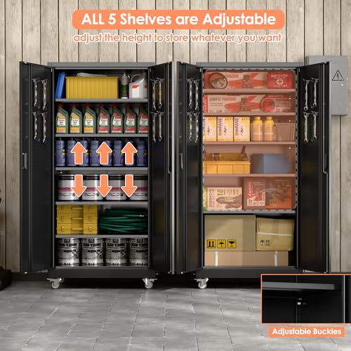 Metal Storage Cabinet with Wheels, 73" H, Locking Doors and Adjustable Shelves A1751