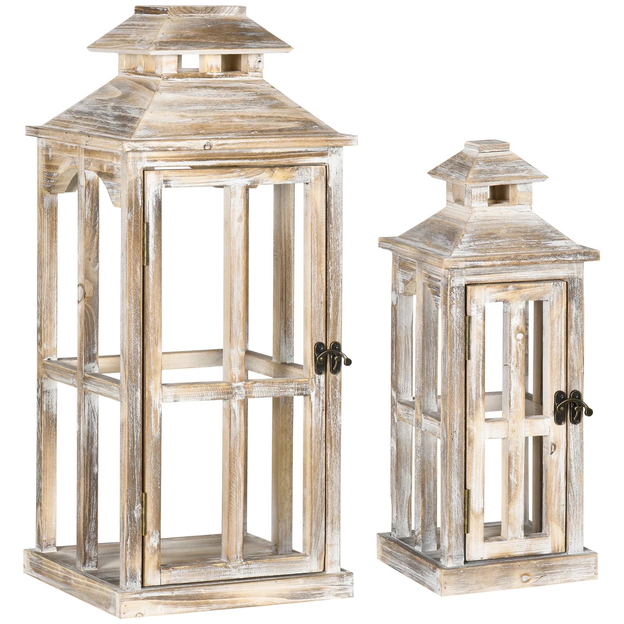 HOMCOM 2 Pack 28"/20" Large Rustic Wooden Lantern Decorative, Indoor/Outdoor Lantern for Home DÃ©cor (No Glass), Natural