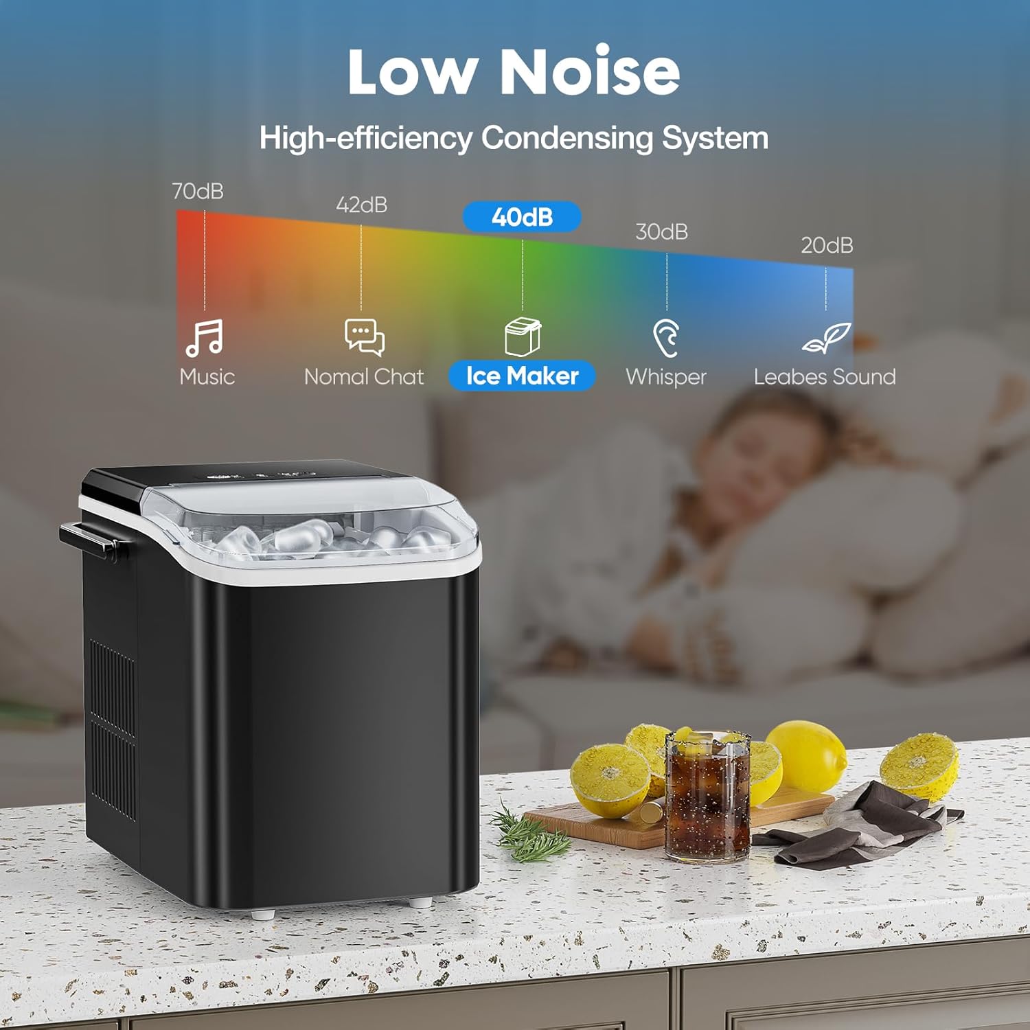 Ice Maker Countertop, Portable Mini Ice Machine, Self-Cleaning, 2 Ice Sizes, Black R709