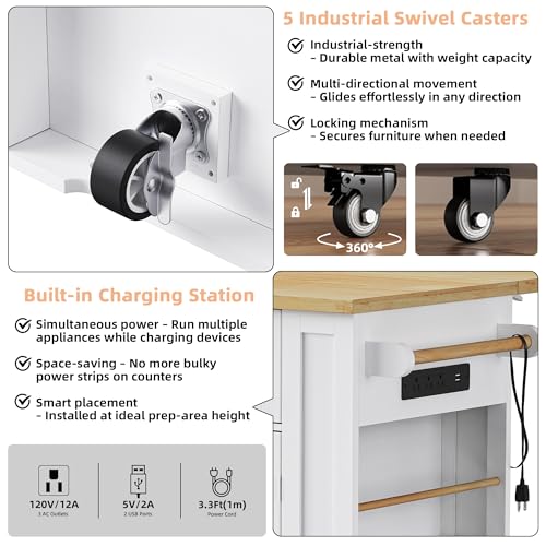 Rolling Kitchen Island Cart with Drop Leaf, Power Outlet, and 5 Open Shelves L877625