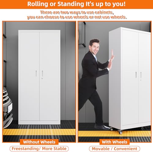 Metal Storage Cabinet with Wheels, 73" H, Locking Doors and Adjustable Shelves A1751