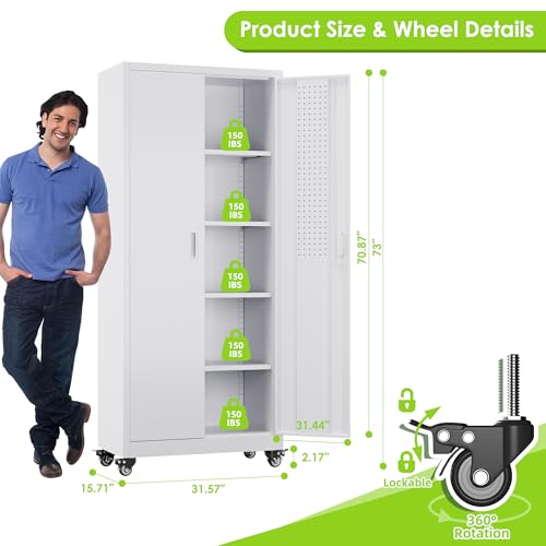 Metal Storage Cabinet with Wheels, 73" H, Locking Doors and Adjustable Shelves A1751